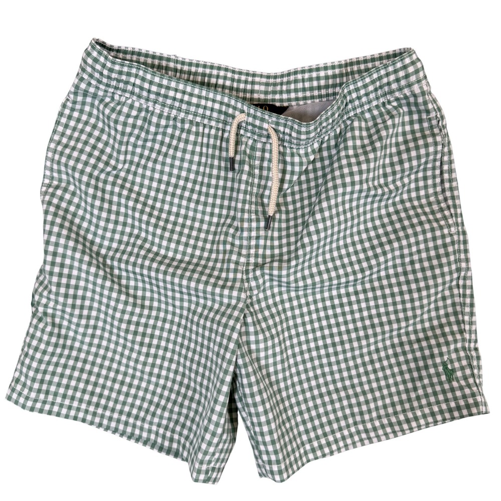 Polo Ralph Lauren Boys Gingham Swim Shorts Green White Size L 14-16